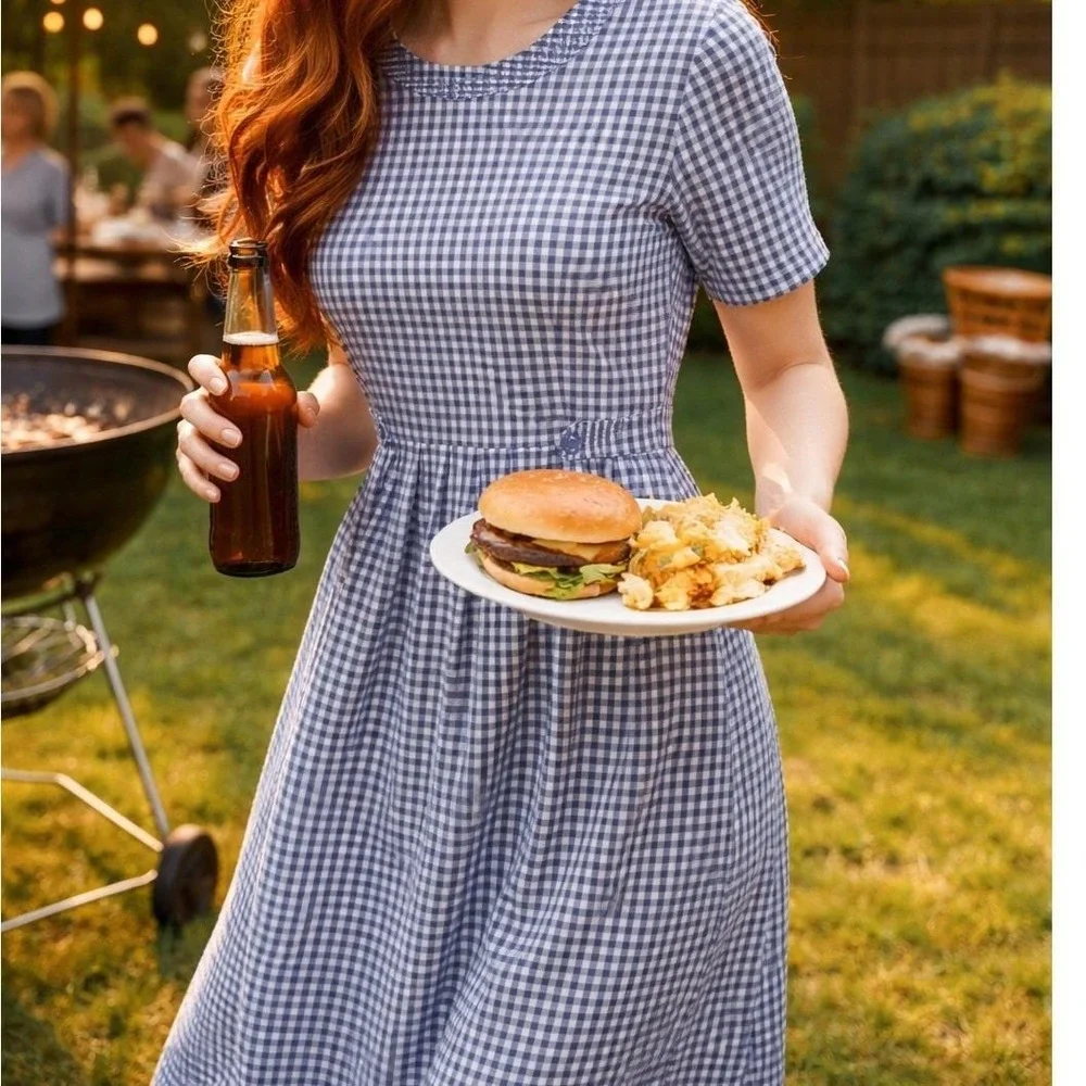 90s Vintage Blue Gingham Check Midi Sz 8 Short Sleeve Tie‎ modest cottagecore